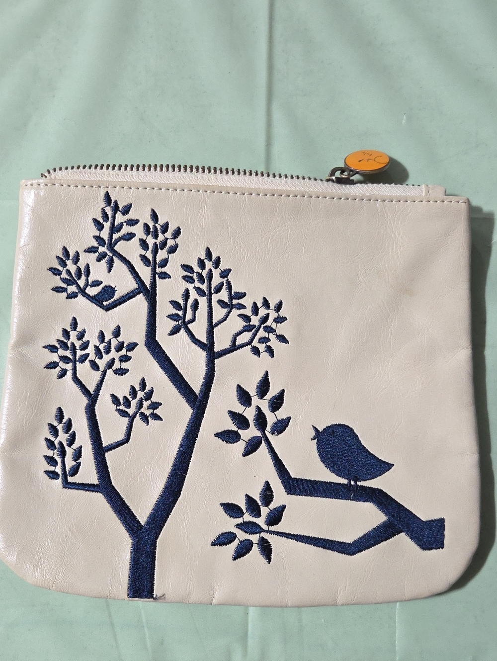 Cream Leather Zip Clutch with Navy Tree & Bird Embroidery